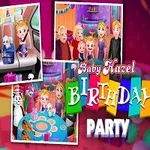 Tegneseriefigur med blondt hår i partyhat foran billeder af en fødselsdagsfest med børn, gaver og farverige dekorationer