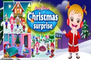 Tegneseriefigur i juleoutfit med ørevarmere, tre små billeder af vinter- og juleaktiviteter, og teksten Christmas Surprise