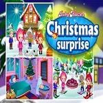 Tegneseriefigur i juleoutfit med ørevarmere, tre små billeder af vinter- og juleaktiviteter, og teksten Christmas Surprise