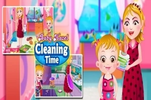 En glad baby og en voksen kvinde står i et farverigt rum med flere vinduer, og der er en kasse med teksten Cleaning Time