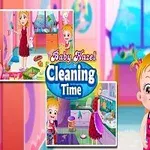 En glad baby og en voksen kvinde står i et farverigt rum med flere vinduer, og der er en kasse med teksten Cleaning Time