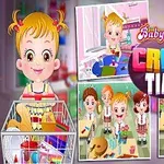Tegneserie af en lille pige med sort forklæde, omgivet af billeder fra et kunst- og håndværksværksted med andre børn og kreative materialer