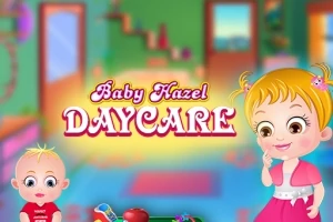 To børn i et farverigt legeområde med teksten Baby Hazel Daycare i baggrunden