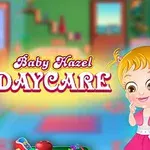 To børn i et farverigt legeområde med teksten Baby Hazel Daycare i baggrunden