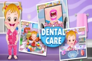 Tegningen viser en glad baby i pink pyjamas omgivet af billeder af tandpleje-situationer og teksten Baby Hazel Dental Care
