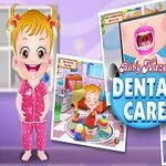 Tegningen viser en glad baby i pink pyjamas omgivet af billeder af tandpleje-situationer og teksten Baby Hazel Dental Care