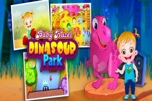 Tegneseriestil billede af en glad pige ved siden af en lyserød dinosaur, med farverige indrammede scener i baggrunden og teksten Baby Hazel Dinosaur Park
