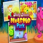 Tegneseriestil billede af en glad pige ved siden af en lyserød dinosaur, med farverige indrammede scener i baggrunden og teksten Baby Hazel Dinosaur Park