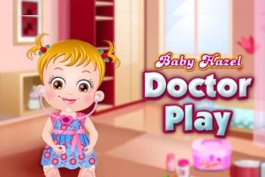 En glad baby iført en blå kjole med en stetoskop i et farverigt værelse, med teksten Baby Hazel Doctor Play skrevet ved siden af