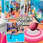 Et lille barn står smilende med en delfin ved siden af, omgivet af flere billeder med delfiner og mennesker, og teksten Dolphin Park