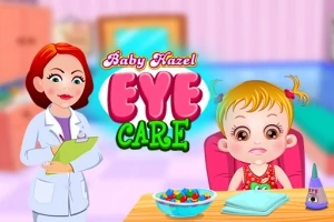 En illustreret scene med en ung pige ved et bord og en kvindelig læge i en klinik, med teksten Eye Care