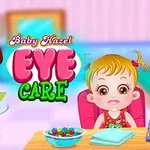 En illustreret scene med en ung pige ved et bord og en kvindelig læge i en klinik, med teksten Eye Care