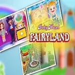 Et billede af en lille pige i en blå kjole foran et eventyrslot med flere små rammer med forskellige scener og teksten Baby Hazel Fairyland