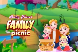 En tegnet familie står ved en picnic kurv i en farverig park omgivet af natur