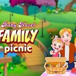 En tegnet familie står ved en picnic kurv i en farverig park omgivet af natur