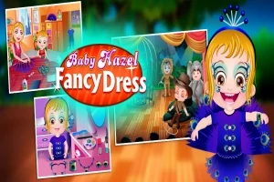 Collage med småbørn i kostumer på en scene og ved et spejl, med titlen Baby Hazel Fancy Dress