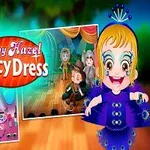 Collage med småbørn i kostumer på en scene og ved et spejl, med titlen Baby Hazel Fancy Dress