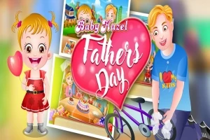 En tegning af en glad pige med balloner ved siden af en mand ved en cykel, og tekst med Baby Hazel Fathers Day på et pink hjerte med forskellige farverige baggrunde