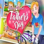 En tegning af en glad pige med balloner ved siden af en mand ved en cykel, og tekst med Baby Hazel Fathers Day på et pink hjerte med forskellige farverige baggrunde