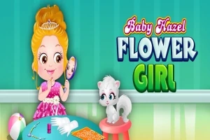 En tegning af en pige i en lyserød kjole med en krone, som sidder ved et bord med en hvid kat ved siden af og forskellige små genstande på bordet, med teksten Baby Hazel Flower Girl i baggrunden
