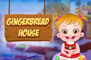 En tegneseriepige med store øjne og rottehaler iført en rød kjole smiler ved siden af et skilt med teksten Gingerbread House mod en farverig baggrund