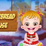 En tegneseriepige med store øjne og rottehaler iført en rød kjole smiler ved siden af et skilt med teksten Gingerbread House mod en farverig baggrund