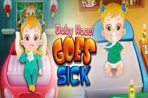 En tegning af en lille pige i forskellige helbredssituationer med et farverigt Baby Hazel Goes Sick-skilt i midten