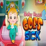 En tegning af en lille pige i forskellige helbredssituationer med et farverigt Baby Hazel Goes Sick-skilt i midten