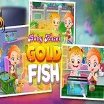 Tegneserieillustration af en glad lille pige med lysebrunt hår og farverige billeder af hende, der leger med akvariefisk, sammen med teksten Baby Hazel Gold Fish