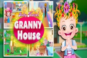 En glad pige med blomsterkrans om håret ved siden af en collage af farverige scener fra et hus og teksten Granny House