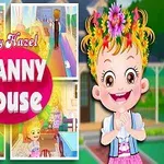 En glad pige med blomsterkrans om håret ved siden af en collage af farverige scener fra et hus og teksten Granny House