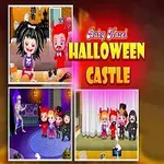 Et lille barn iført en djævledragt står smilende, omgivet af Halloween-dekorationer og illustrationer af forskellige scener