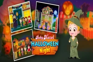 Et billede med en tegneseriebaby klædt i en heksekostume ved siden af tre små billeder af halloween-scener med børn, og teksten Halloween Night