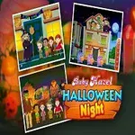 Et billede med en tegneseriebaby klædt i en heksekostume ved siden af tre små billeder af halloween-scener med børn, og teksten Halloween Night