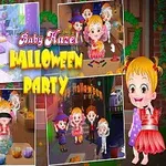 Billedet viser børn i Halloween-kostumer med farverige dekorationer og græskar rundt omkring