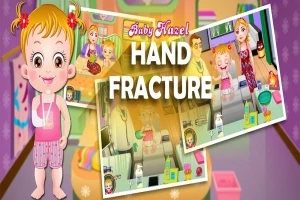 Tegningen viser en glad baby med pigtails og forbinding, omgivet af billeder af hospitalscener og teksten Hand Fracture