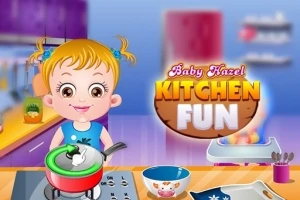 En animeret pige i et køkken med gryder og skåle, og teksten Kitchen Fun