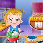 En animeret pige i et køkken med gryder og skåle, og teksten Kitchen Fun