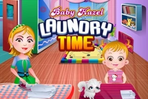 Mor og barn er i et farverigt værelse med strygebræt og hund, mens teksten Laundry Time vises øverst