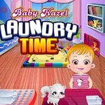 Mor og barn er i et farverigt værelse med strygebræt og hund, mens teksten Laundry Time vises øverst