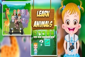 Tegning af en glad pige med kamera, omgivet af dyr og et undervisningstema med teksten Learn Animals i midten
