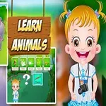 Tegning af en glad pige med kamera, omgivet af dyr og et undervisningstema med teksten Learn Animals i midten