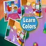 Barn i en lyserød hat holder en farverig tegning, omgivet af andre billeder af barnet i forskellige læringssituationer med titlen Learn Colors