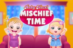 To små børn, der smiler og står foran en farverig stue baggrund med teksten Mischief Time øverst
