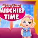 To små børn, der smiler og står foran en farverig stue baggrund med teksten Mischief Time øverst