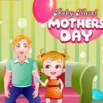 En familie fejrer Mors Dag i en farverig stue med balloner og dekorationer