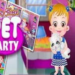 Barn med en blå-hvid kjole holder en hvid kat foran farverige værelser og teksten Pet Party