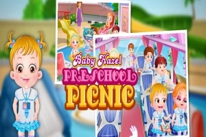 Et lille barn med lyse fletninger står foran en farverig collage af børn i skoleuniformer, der sidder i en bus, med teksten Baby Hazel Preschool Picnic i midten