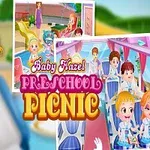 Et lille barn med lyse fletninger står foran en farverig collage af børn i skoleuniformer, der sidder i en bus, med teksten Baby Hazel Preschool Picnic i midten