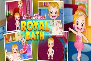 Collage af baby i bad, farverige billeder med teksten Royal Bath og en baby i tylkjole med krone